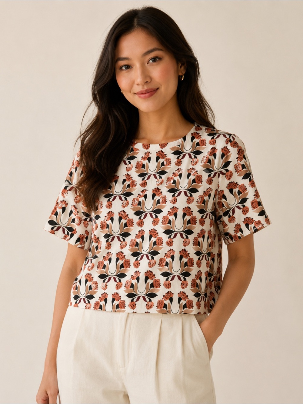 Zara cream patterned boxy fit short sleeve top